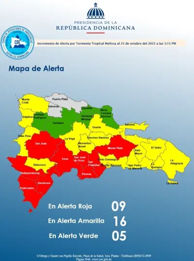 COE disminuye alerta para el Gran Santo Domingo, San Pedro de Macorís y La Romana