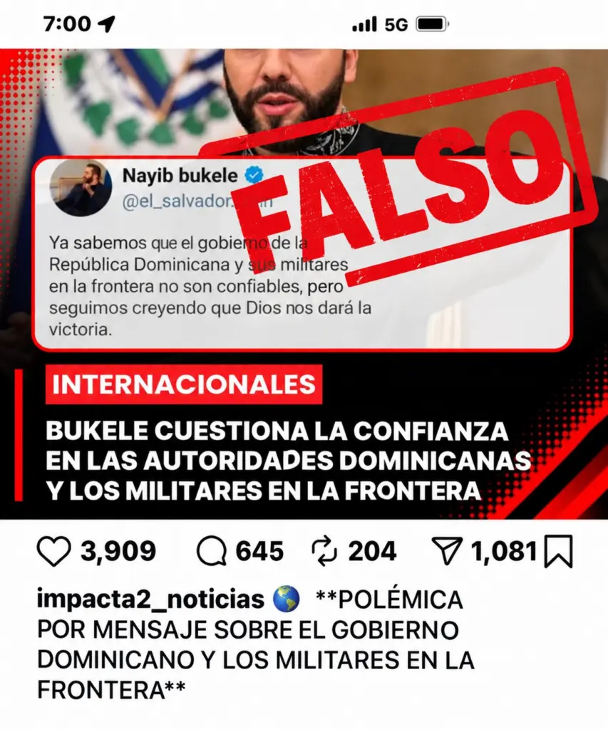 MIREX aclara que mensaje atribuido a Bukele contra República Dominicana es falso